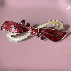 Red and Cream Enamel and Crystal Bow & Heart Hair Barrette
